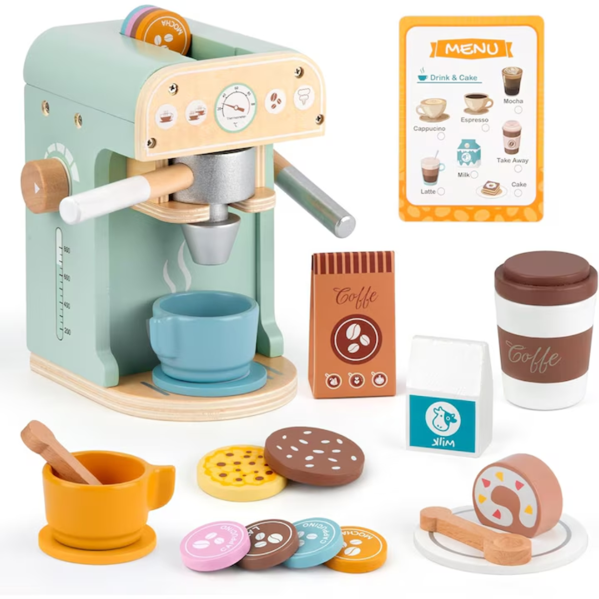 Cafetera de madera con accesorios