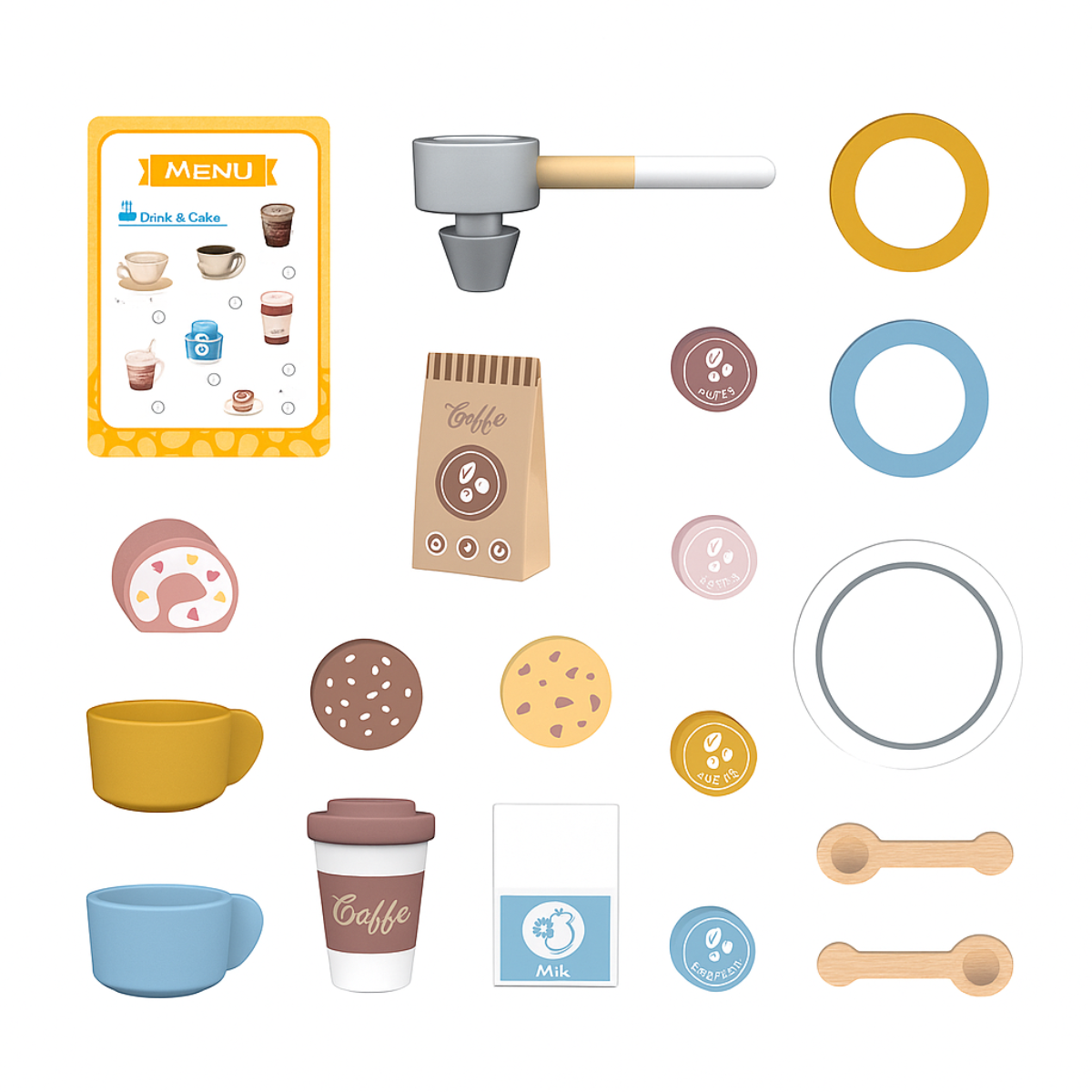 Cafetera de madera con accesorios